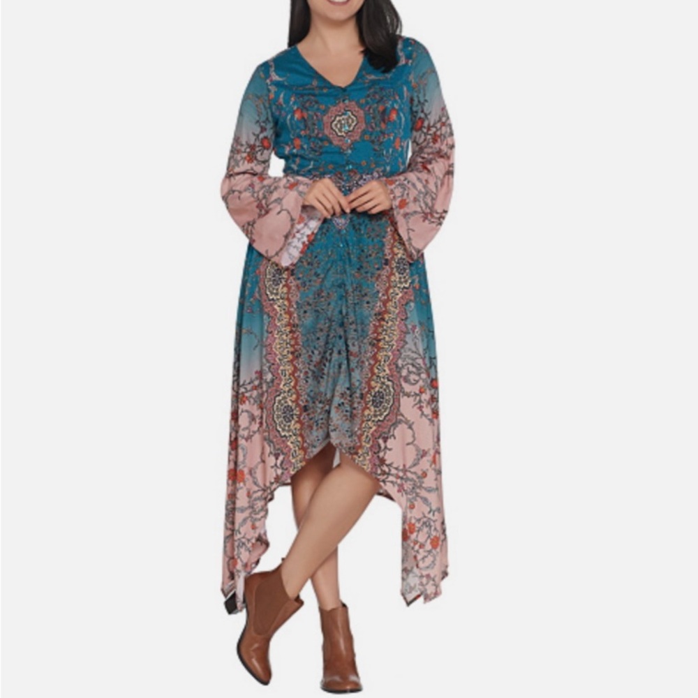 Tolani Clara Teal & Blush Bohemian Asymmetrical Bell Sleeve Sundress NWT Size‎ L